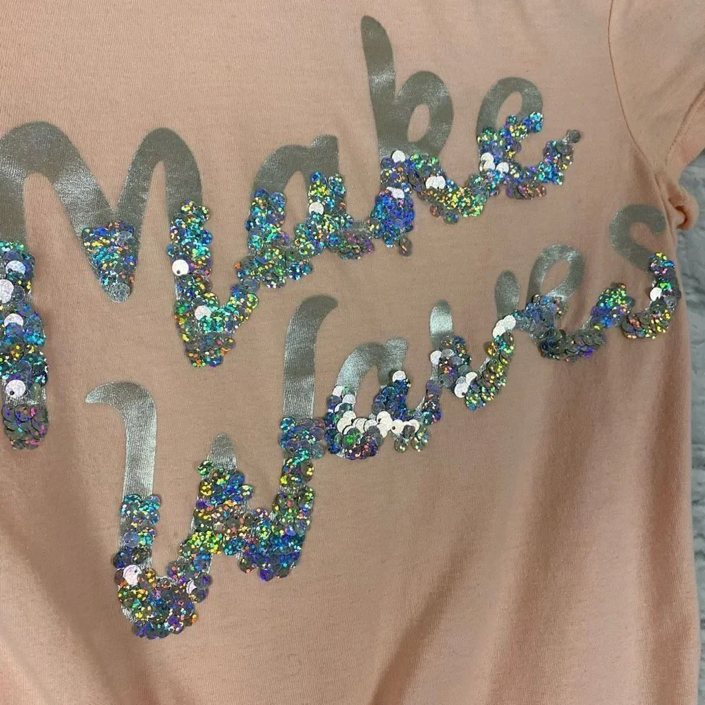 Justice girls youth 10 short sleeve tie front top w/sequins peach color
